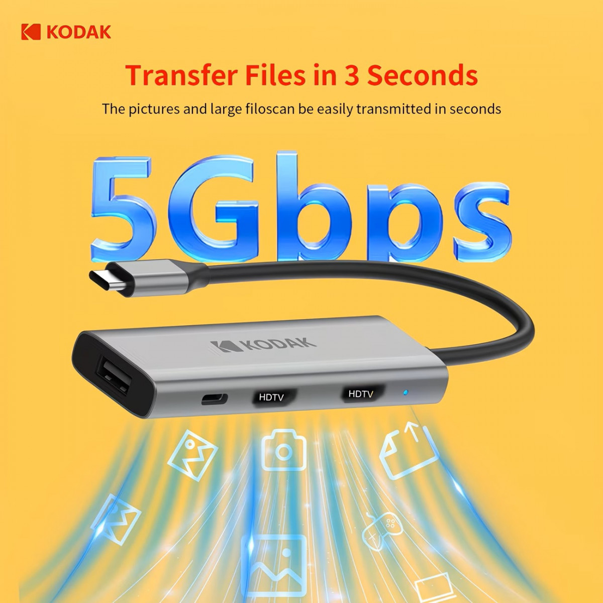 Hub USB-C Kodak T346 4-in-1 – Docking Station Type-C Sang 2 HDMI 4K + USB 2.0 + Sạc PD 100W Cho Laptop MacBook