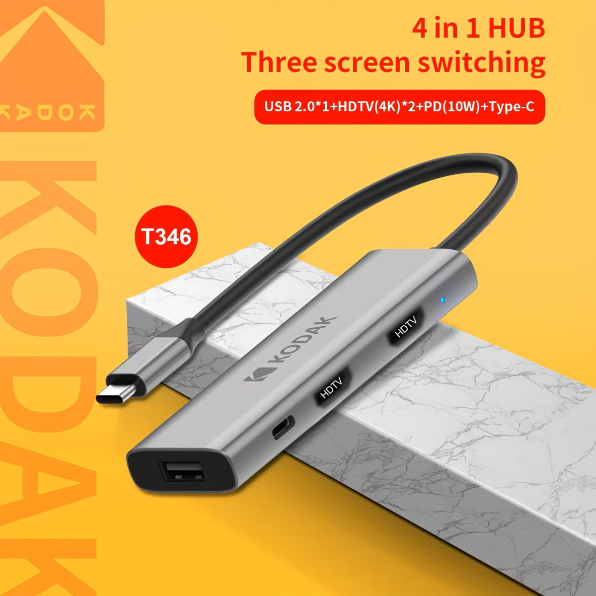 Hub USB-C Kodak T346 4-in-1 – Docking Station Type-C Sang 2 HDMI 4K + USB 2.0 + Sạc PD 100W Cho Laptop MacBook