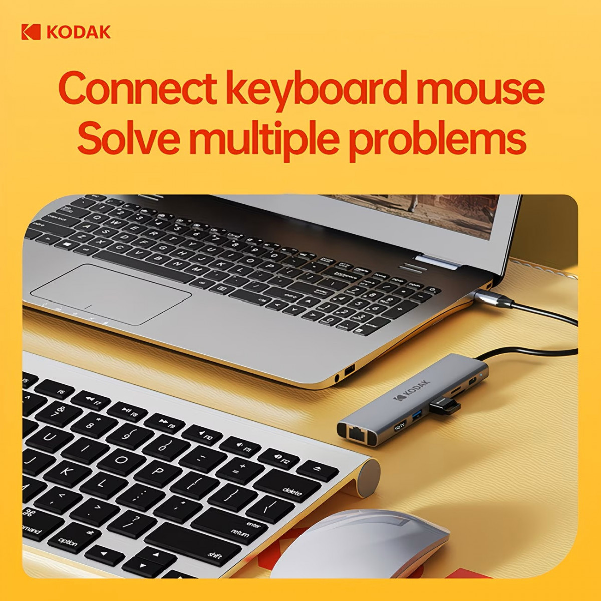 Hub USB-C Kodak T347 7-in-1 – Docking Station Type-C Sang HDMI 4K, LAN RJ45 Gigabit, 2 USB 3.0, SD/TF, Sạc PD 100W