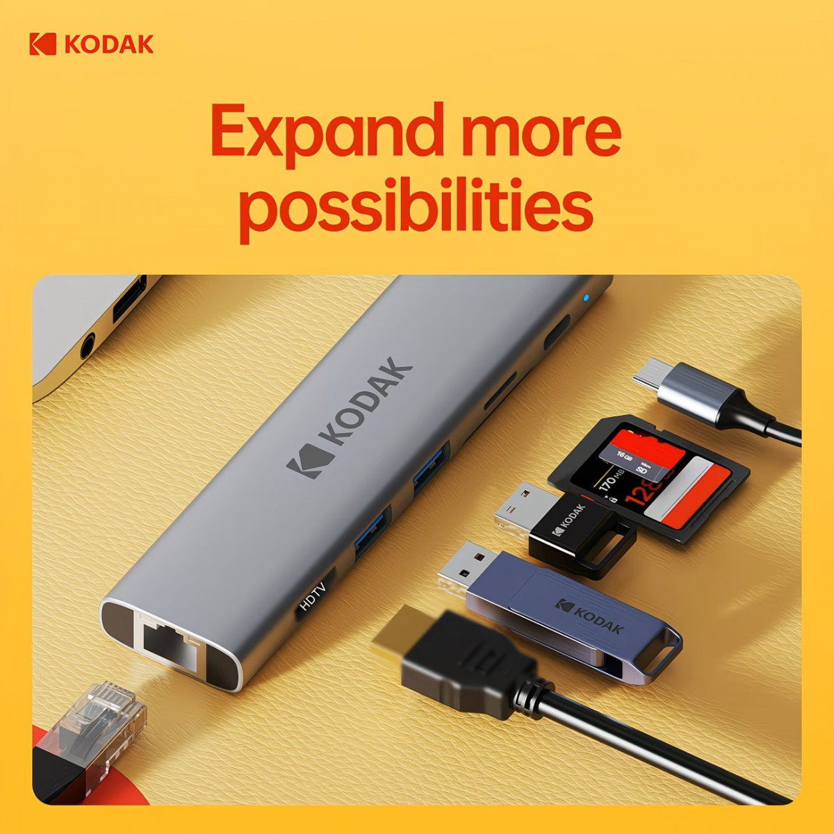 Hub USB-C Kodak T347 7-in-1 – Docking Station Type-C Sang HDMI 4K, LAN RJ45 Gigabit, 2 USB 3.0, SD/TF, Sạc PD 100W