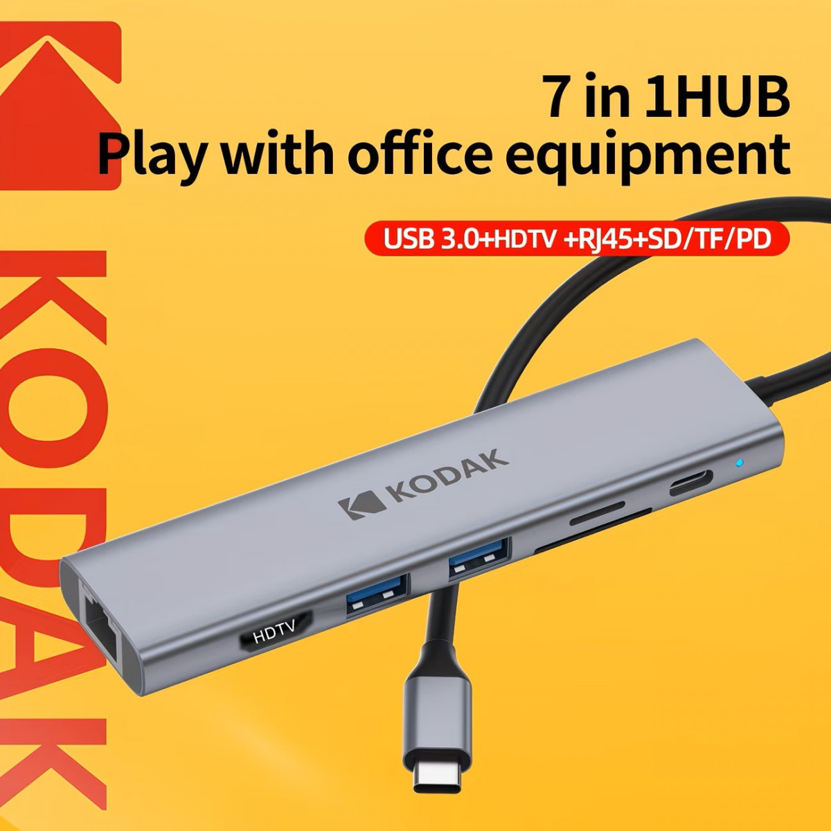 Hub USB-C Kodak T347 7-in-1 – Docking Station Type-C Sang HDMI 4K, LAN RJ45 Gigabit, 2 USB 3.0, SD/TF, Sạc PD 100W