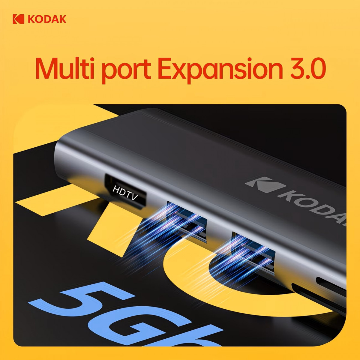 Hub USB-C Kodak T347 7-in-1 – Docking Station Type-C Sang HDMI 4K, LAN RJ45 Gigabit, 2 USB 3.0, SD/TF, Sạc PD 100W