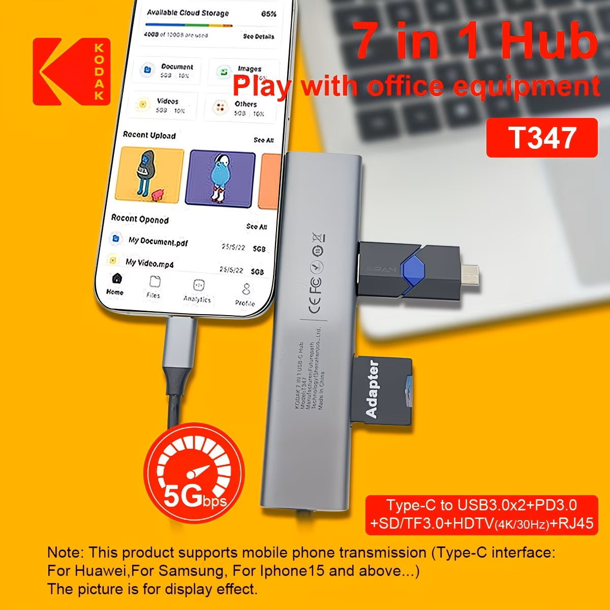 Hub USB-C Kodak T347 7-in-1 – Docking Station Type-C Sang HDMI 4K, LAN RJ45 Gigabit, 2 USB 3.0, SD/TF, Sạc PD 100W