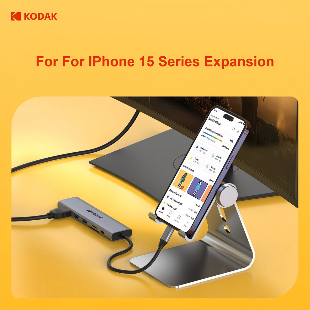 Hub USB-C Kodak T347 7-in-1 – Docking Station Type-C Sang HDMI 4K, LAN RJ45 Gigabit, 2 USB 3.0, SD/TF, Sạc PD 100W