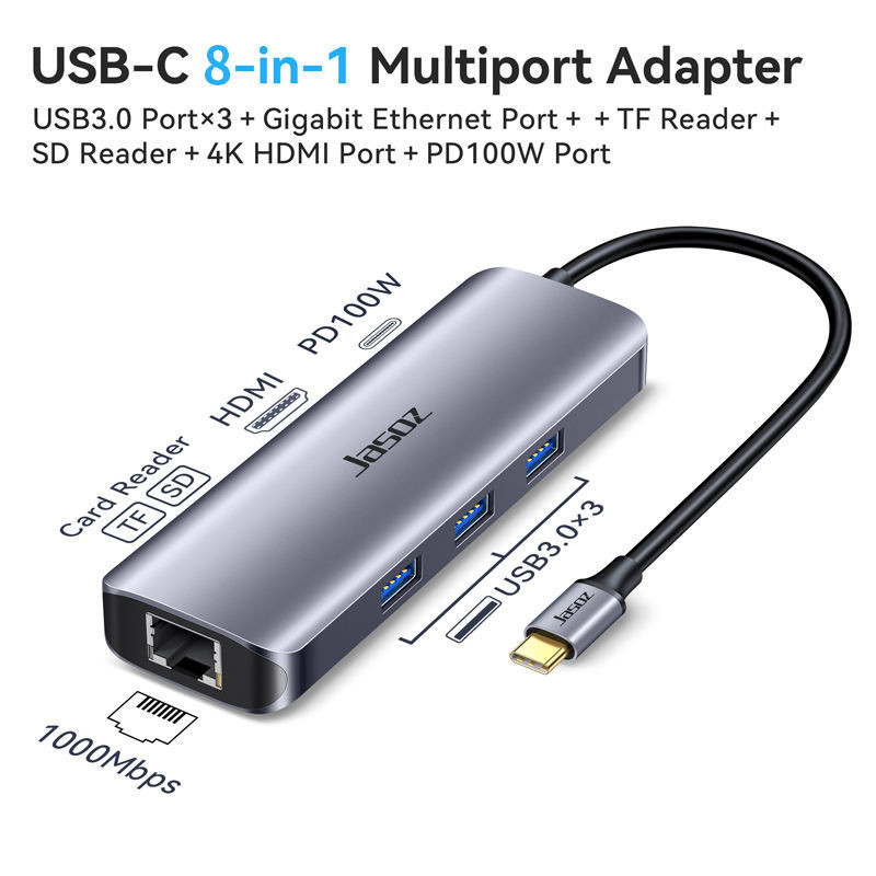 Hub USB-C 8 Trong 1 Jasoz T-H112 HDMI 4K LAN RJ45 USB 3.0 PD 100W SD TF Cho Laptop MacBook